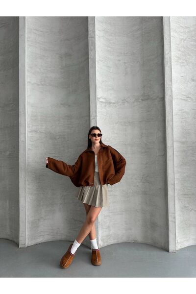 mylunessa Tan Color Crop Bomber Oversized Suede Jacket