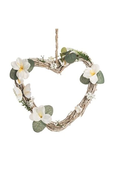 SHOPIENS Inima Decorativa Suspendabila Lemn Alb Washed cu Flori Fluturi si Fr...