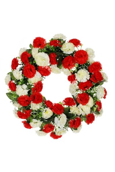 SHOPIENS Spring Wreath with Plastic Base Decorated with White and Red Carnations, Artificial Flowers
