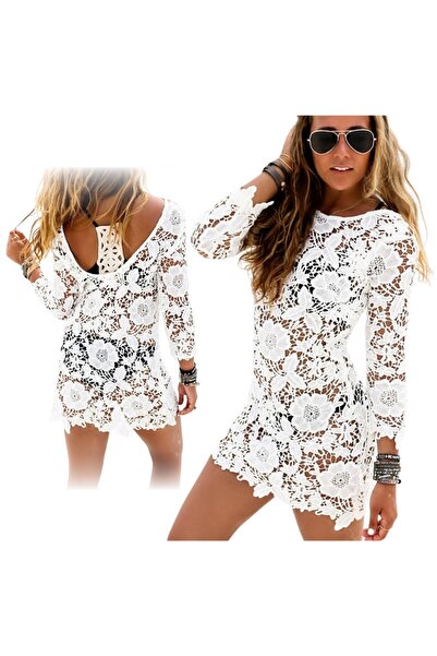 Other Rochie boemă, tunică, pelerină, dantelă albă, rochie de plajă strâmtă, ...