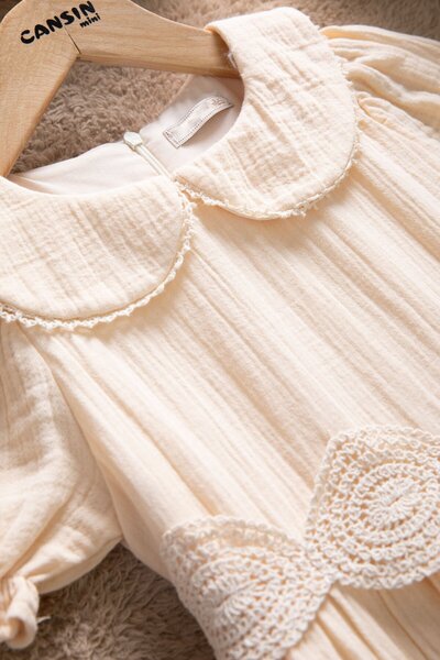 Cansın Mini Cream Lace Embroidered Belted Girls' Muslin Dress 22659