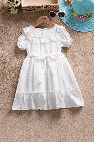 Cansın Mini White Ruffle Detailed Short Sleeve Girls Pleated Dress 22652