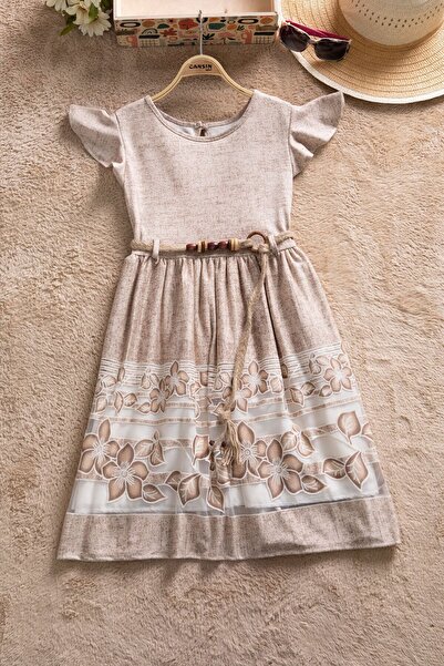 Cansın Mini Brown Floral Pattern Straw Belted Short Sleeve Girls Dress 22650