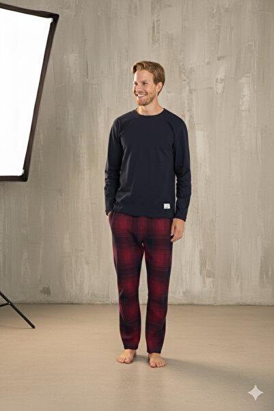 KLY طقم بيجامة رجالي بياقة دائرية، تصميم أنيق، مريح للنوم، 100% قطن