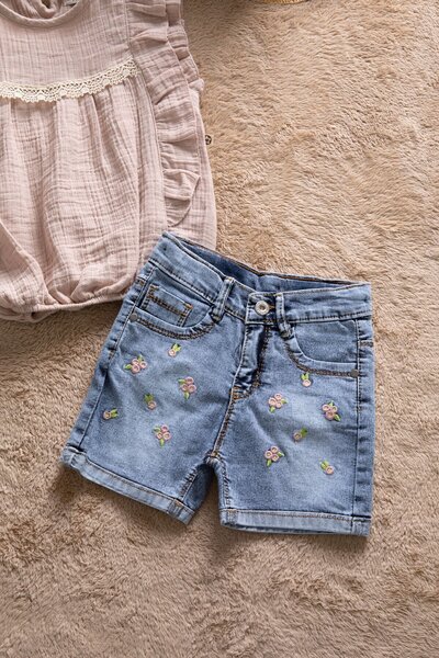 Cansın Mini Brown Lace Detailed Blouse and Jean Shorts Girl's 2-Piece Set 22662