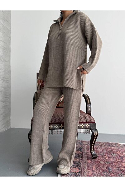 moda paketi Oversize Sweater Pants Zippered Double Knitwear Set