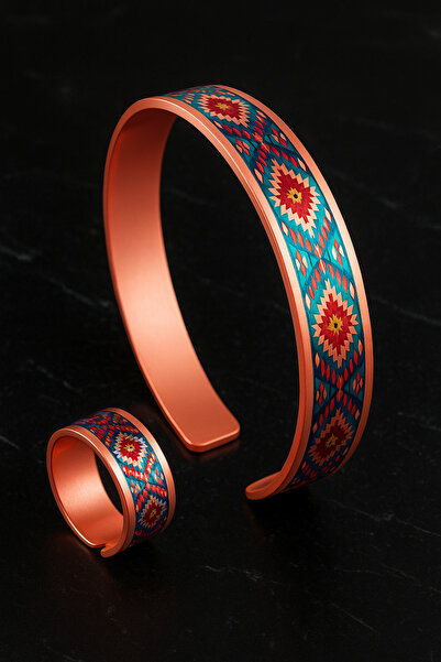 OSMANLI GÜMÜŞ Women's Copper Bracelet Ring Set - Rainbow Model Special Edition Metal Box and Quartz Stone