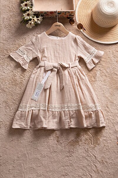Cansın Mini Beige Sleeves Lace Detailed Belted Girls' Muslin Dress 22670