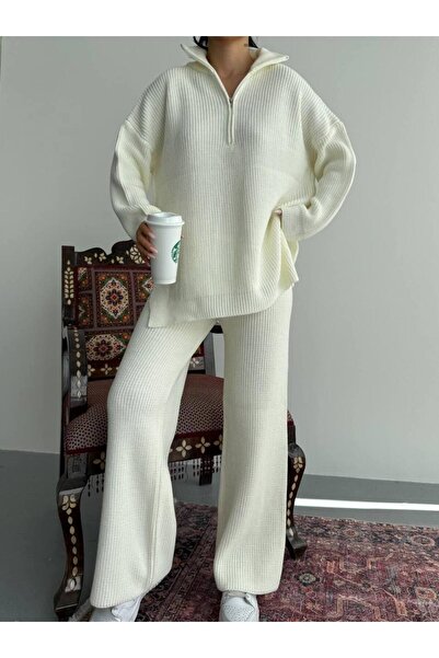 moda paketi Oversize Sweater Pants Zippered Double Knitwear Set