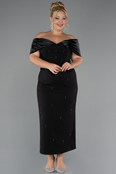 Abiyefon Siyah Kayık Yaka Taşlı Midi Büyük Beden Davet Elbisesi ABK2379