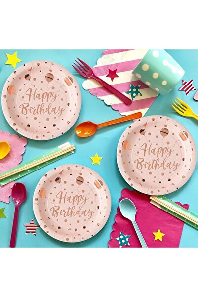 SHOPIENS Set 6 Bucati Farfurii Carton 23cm Roz Aurii Cu Model Baloane Din Folie Si Imprimeu Happy Birthday Pe