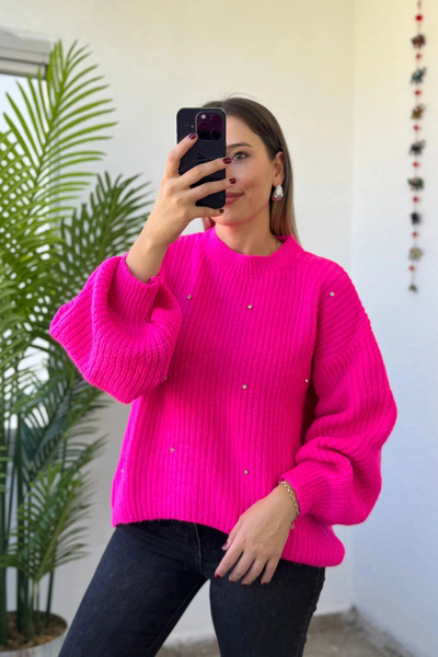 Kubos Moda Balloon Sleeve Pearl Embroidered Fuchsia Women's Knitwear Sweater