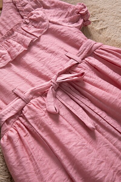 Cansın Mini Pink Ruffle Detailed Short Sleeve Girls Pleated Dress 22651