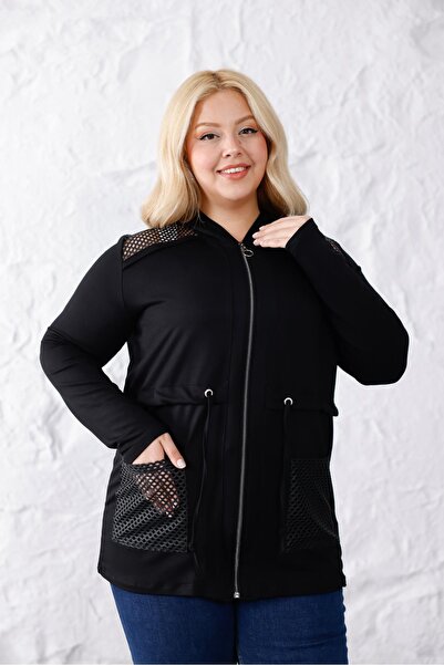 Siyezen Plus Size Mesh Detailed Zippered Cardigan