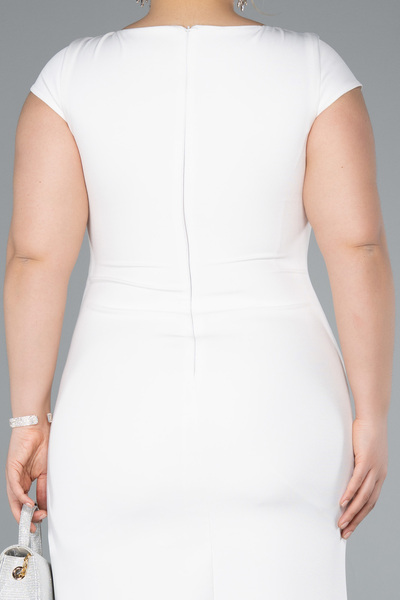 Abiyefon Ekru Bacak Dekolteli Kısa Kol Midi Büyük Beden Davet Elbisesi ABK2340