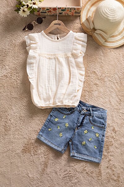 Cansın Mini Beige Lace Detailed Blouse and Jean Shorts Girl's 2-Piece Set 22663