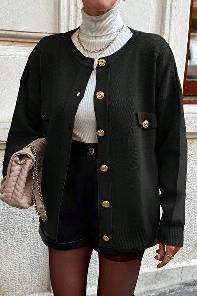 H&E LUXURY DESIGN سترة نسائية سوداء بأزرار ذهبية