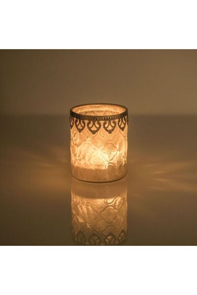 SHOPIENS Suport Lumanare Pastila Sticla Frosty Ø9x12cm cu Model Romburi si Margine Bronz Metalizata