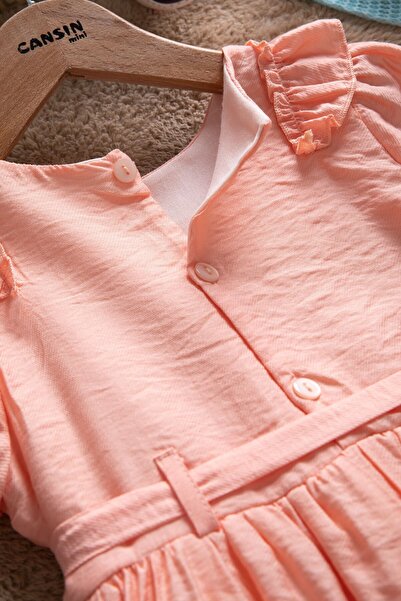 Cansın Mini Salmon Ruffle Detailed Short Sleeve Girls Pleated Dress 22653