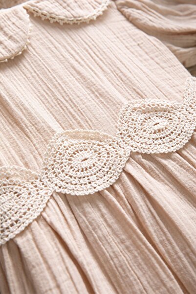 Cansın Mini Καφέ δαντέλα κεντημένη με ζώνη φόρεμα μουσελίνας για κορίτσια 22660