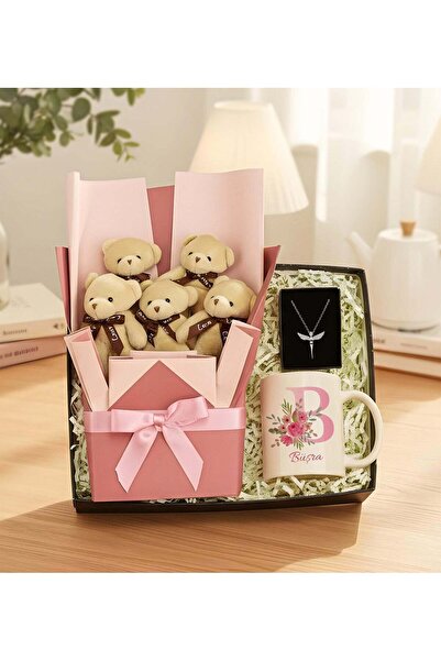 Trendmiya Ayıcık Buketi & Kupa & Gümüş Renk Melek Kolye Hediye Seti