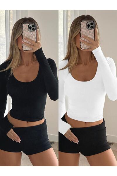 ÖZ PAMUK Kare Yaka 2 li ADET Basic DÜZ Kumaş Uzun Kollu Likralı Bluz