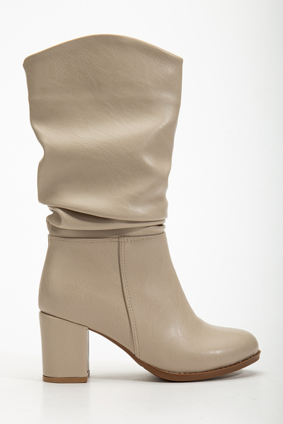 MARSEDO Women's Thick Heel Round Toe Drawstring Below-Knee Boots Tina Black Beige Skin