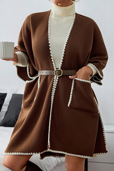 H&E LUXURY DESIGN Kadın Cep Detaylı Kahverengi Panço