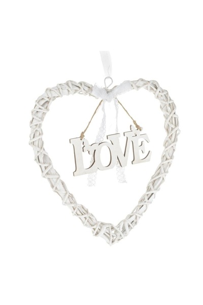 SHOPIENS Inima Decorativă Suspendabilă din Lemn Alb cu Tăbliță Love Dantelă și Panglică 29x29cm