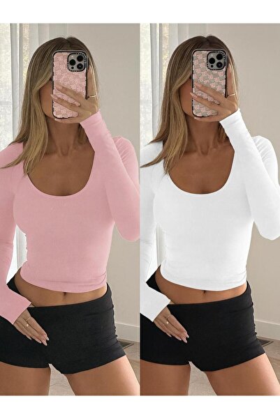 ÖZ PAMUK Square Neck 2-Pack Basic Plain Fabric Long Sleeve Lycra Blouse