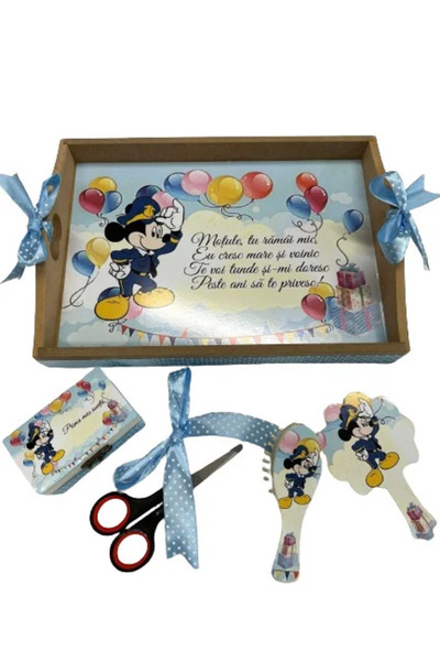 Mamboo Tavă și accesorii pentru o petrecere de băiat de 1 an cu personaj șoarece din desene animate și baloane