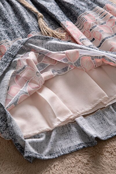 Cansın Mini Navy Blue Floral Pattern Straw Belted Short Sleeve Girls Dress 22649