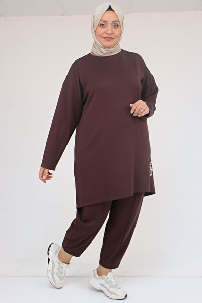 Eslina 47095 Σετ παντελόνι μεγάλου μεγέθους Modal με λεπτομέρεια στο πλάι - Καφέ