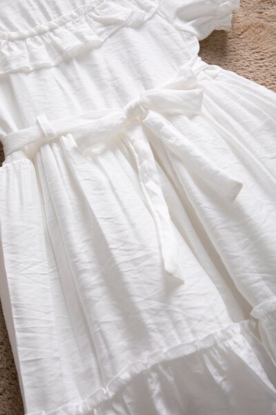 Cansın Mini White Ruffle Detailed Short Sleeve Girls Pleated Dress 22652