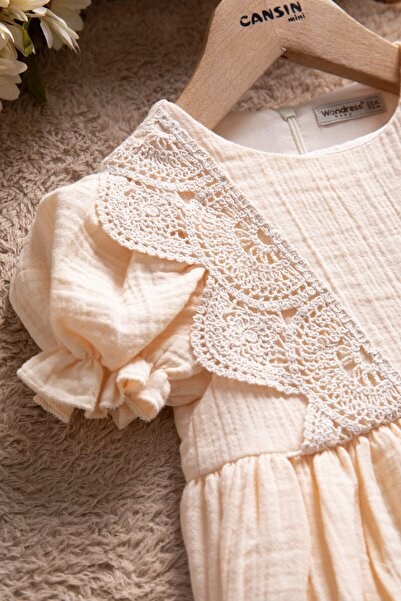 Cansın Mini Cream Muslin Fabric Lace Front Baby Girl Dress 22675