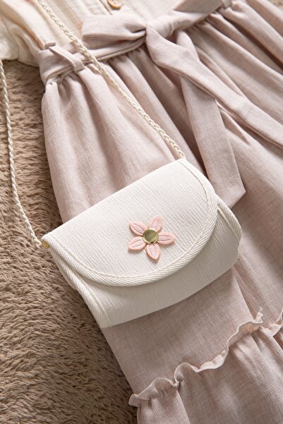 Cansın Mini Φόρεμα με κοντό μανίκι με μπεζ ύφασμα μουσελίνα με σχέδιο και τσάντα για κορίτσια 22658