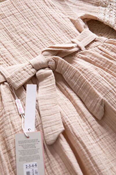 Cansın Mini Beige Sleeves Lace Detailed Belted Girls' Muslin Dress 22670