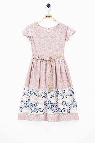 Cansın Mini Pink Floral Pattern Straw Belted Short Sleeve Girls Dress 22676