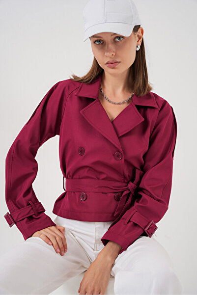 MODAMERSİ Women's Burgundy Belted Short Trench Coat