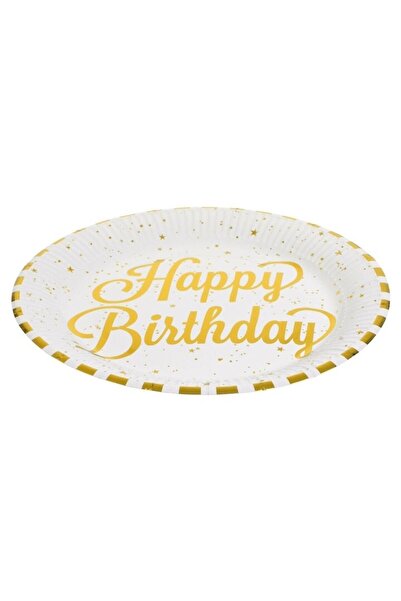 SHOPIENS Set 12 Pieces Cardboard Plates 23cm White with Golden Foil Stripes and Happy Birthday Print for Part