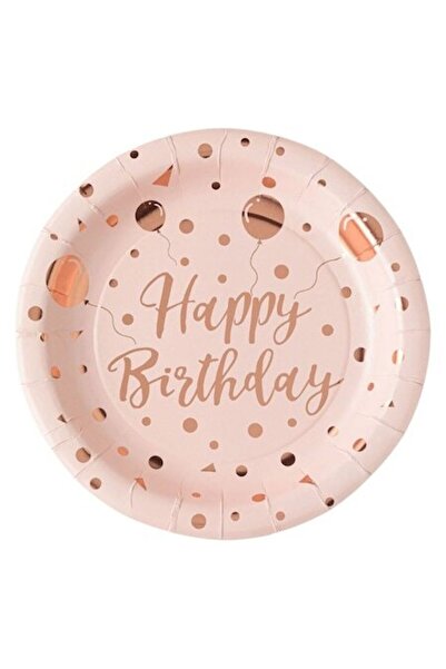 SHOPIENS Set 6 Bucati Farfurii Carton 23cm Roz Aurii Cu Model Baloane Din Folie Si Imprimeu Happy Birthday Pe
