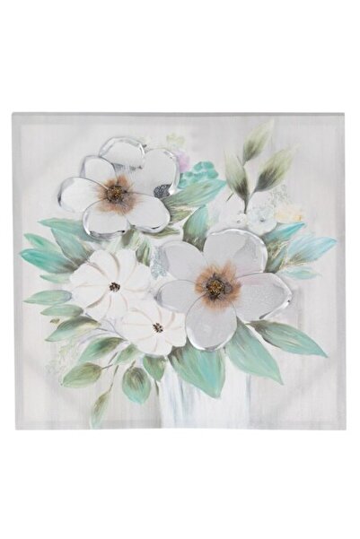 SHOPIENS Tablou Pictat in Ulei Flori 3D pe Panza 60x60cm cu Detalii Metalice Texturate