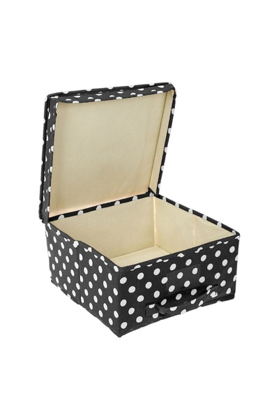SHOPIENS Textile Storage Box for Clothes, Black with White Polka Dots and Lid, 30 x 30 x 16 cm