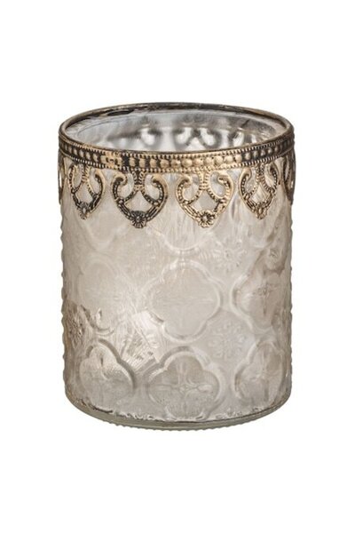 SHOPIENS Suport Lumanare Pastila Sticla Frosty Ø9x12cm cu Model Romburi si Margine Bronz Metalizata