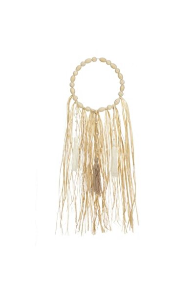 SHOPIENS Round Wall Decoration in the Shape of a Metal Wreath with Wooden Beads, Tassels, and Raffia Leaves,