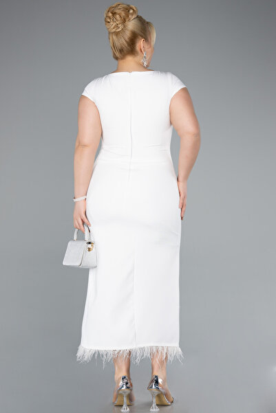 Abiyefon Ekru Bacak Dekolteli Kısa Kol Midi Büyük Beden Davet Elbisesi ABK2340