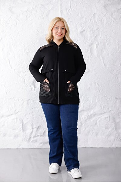 Siyezen Plus Size Mesh Detailed Zippered Cardigan