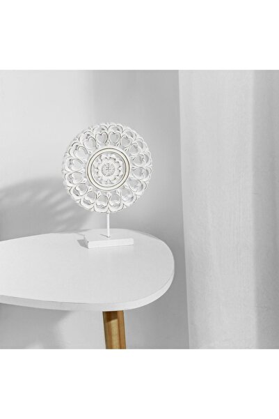 SHOPIENS Wooden Table Decoration Shopiens®, White Flower with Brushed Design on Wooden Base, 20 x 5 x 27 cm
