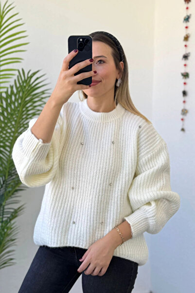 Kubos Moda Balloon Sleeve Pearl Embroidered Ecru Women's Knitwear Sweater
