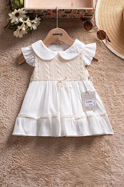 Cansın Mini White Ruffled Sleeves Lace Embroidered Baby Girl Dress 22655